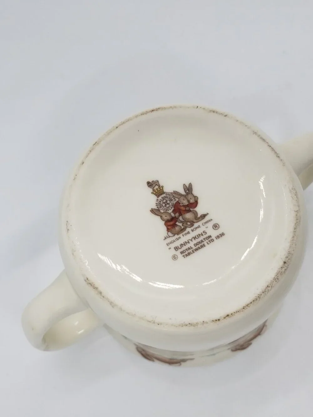 Vintage Royal Doulton Bunnykins 2 Handled Cup 6in Cereal Bowl Set Winter Xmas